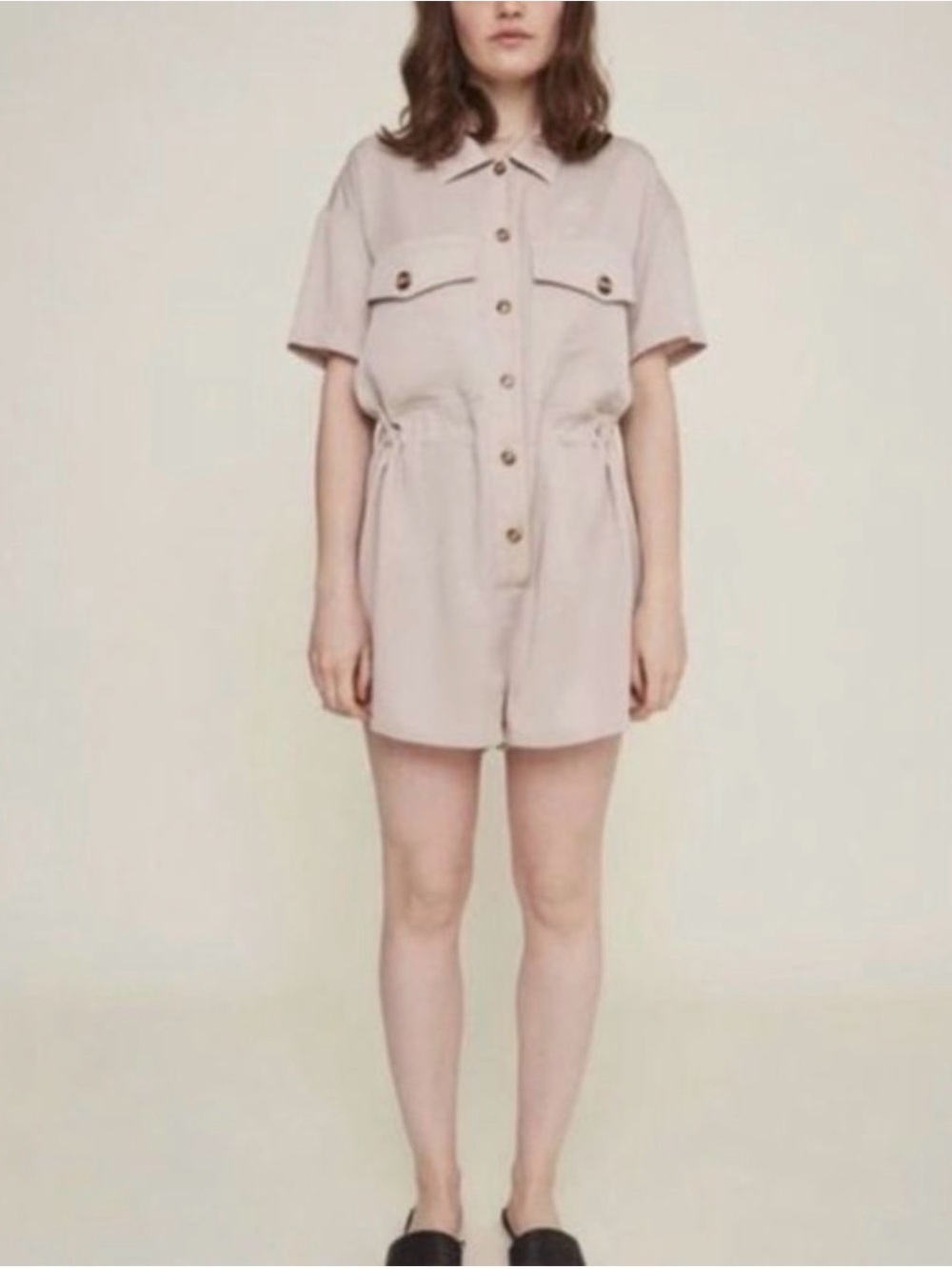 NWOT Rita Row Camelia Short Button-Front Shirt Dress Romper in Tan- SAMPLE